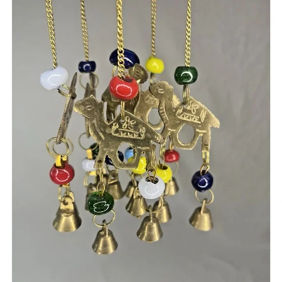 Vintage Dome Hanging Wind Chime Brass Camel Beaded Accents Bohemian Style Decor - Picture 4 of 10